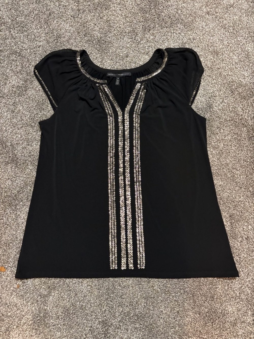 White House Black Market Black Sequin-Trim Cap Sleeve Blouse Sz M